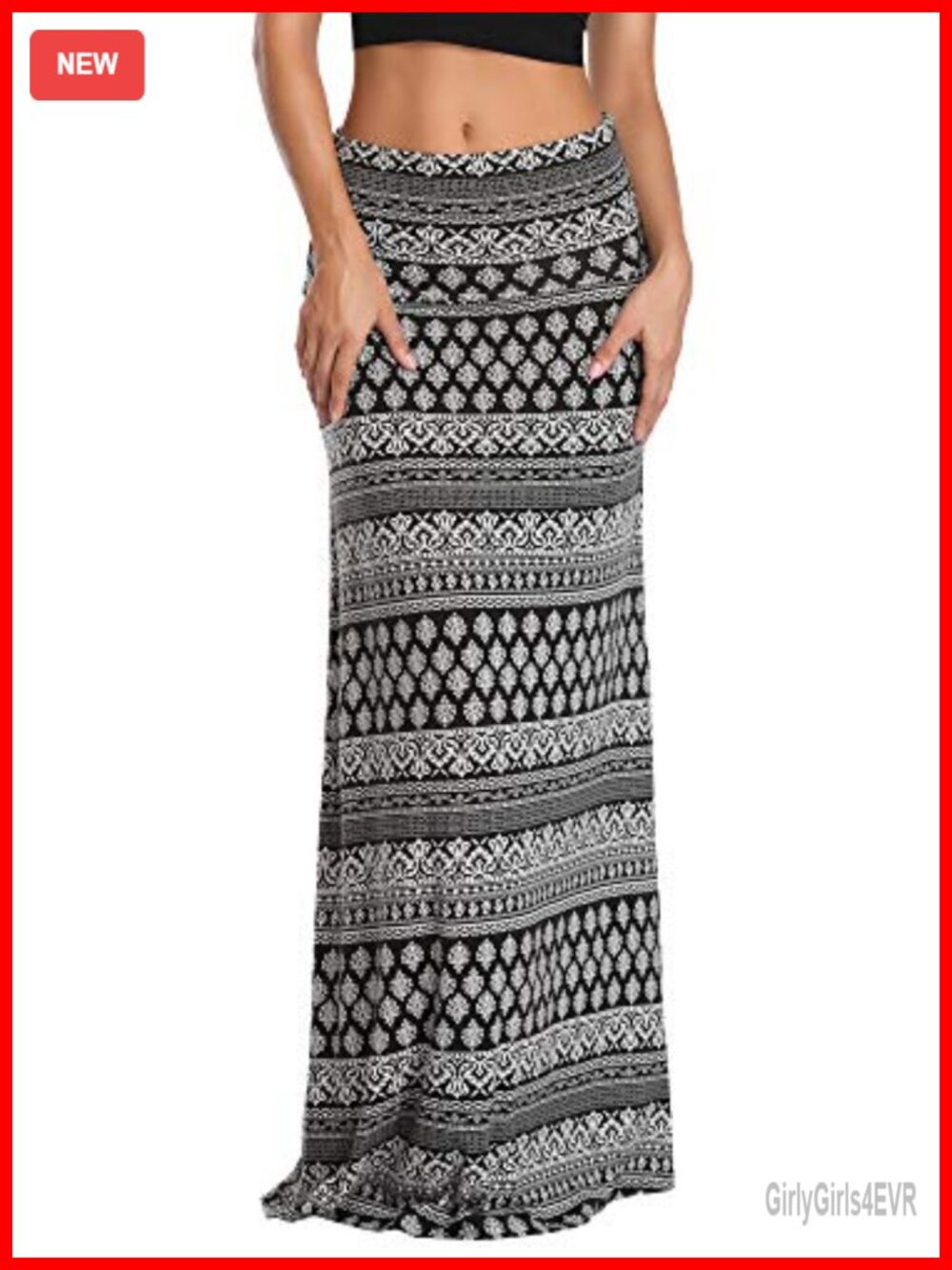 Women's Spandex Fold-Over Waist Flare Maxi Skirt High Rise Long Skirt